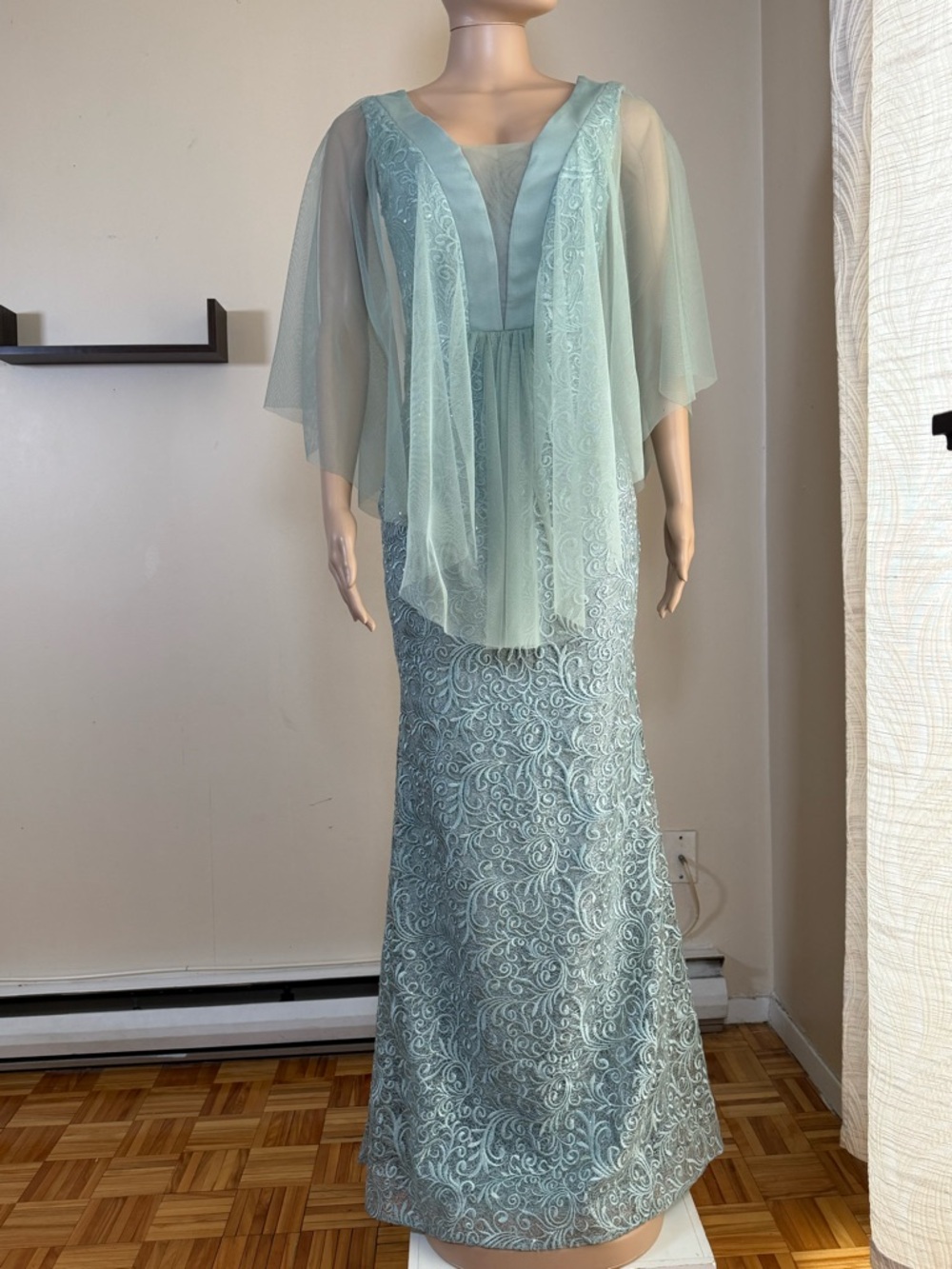 Othr Mint Green Lace Maxi Dress with Sheer Capelet